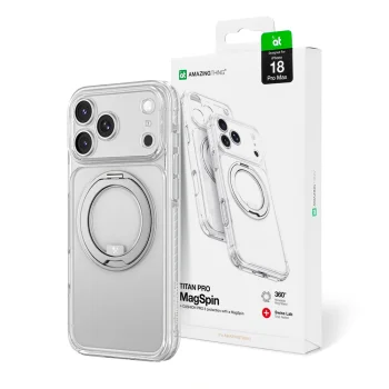 Dėklas AmazingThing Titan Pro Spin Lens telefonui iPhone 18 Pro Max su žiedu ir MagSafe, skaidrus