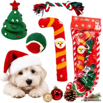 Festive Dog Toy Set 4 pcs (Rope, Ball, Tree, Candy Cane)