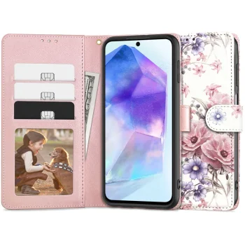 Tech-Protect Wallet atverčiamas dėklas Samsung Galaxy A55 5G, Pink Flowers
