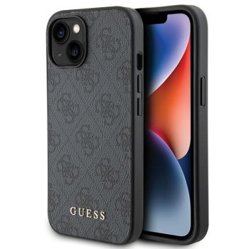 Guess 4G Metal Gold Logo dėklas iPhone 15 Plus / 14 Plus, pilkas