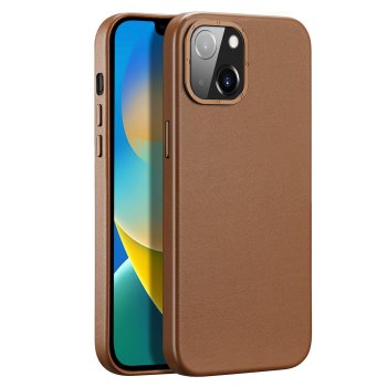 Dux Ducis Grit Case for iPhone 14 MagSafe Faux Leather Cover, Brown