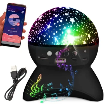 Žvaigždžių projektorius ir naktinė lemputė su Bluetooth garsiakalbiu, juodas