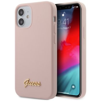 Guess iPhone 12 mini dėklas Silicone Script Gold Logo, šviesiai rožinis