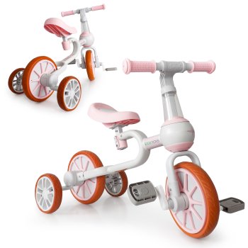 ECOTOYS 4-in-1 vaikiškas dviratukas su pedalais ir pagalbiniais ratukais, rožinis