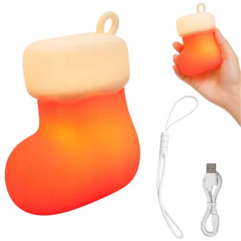 Silikoninė LED naktinė lemputė „Kalėdinė kojinė“, USB, raudona ir balta