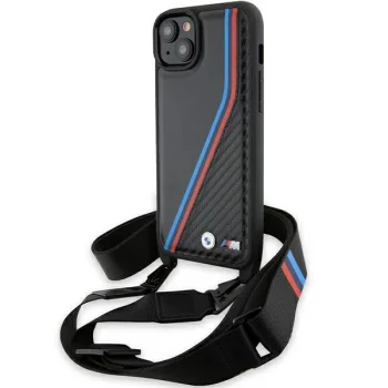 BMW iPhone 15 / 14 / 13 dėklas M Edition Carbon Tricolor Lines & Strap, juodas