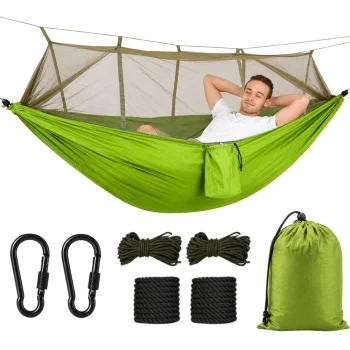 Žalias dvivietis turistinis hamakas su tinkleliu nuo uodų (250x140 cm, 150 kg)