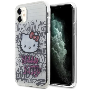 Hello Kitty iPhone 11 / XR dėklas IML Kitty On Bricks Graffiti, baltas