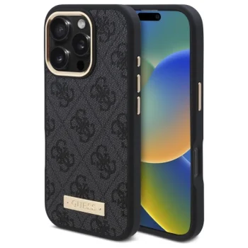 Guess dėklas iPhone 16 Pro telefonui 4G Logo Plate MagSafe, juodas