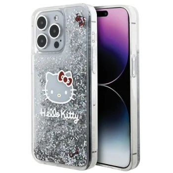 Hello Kitty dėklas iPhone 15 Pro Max telefonui Liquid Glitter Charms, sidabrinis