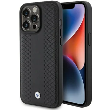 BMW Leather Diamond Pattern dėklas iPhone 15 Pro Max, juodas