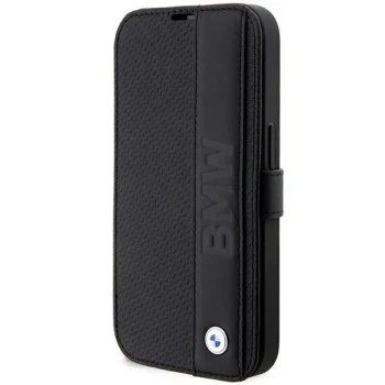 BMW Leather Textured & Stripe atverčiamas dėklas iPhone 14 Pro, juodas