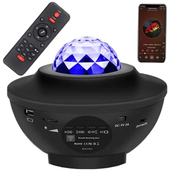LED RGB žvaigždžių projektorius su Bluetooth garsiakalbiu ir pulteliu, juodas