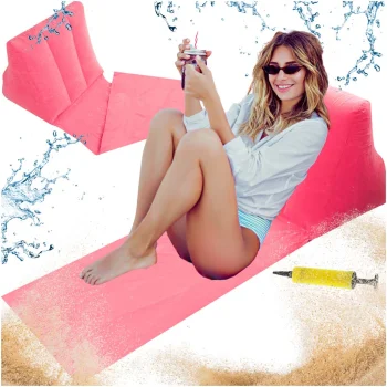 Beach Mat with Inflatable Backrest and Pump, Pink