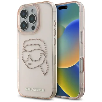 Karl Lagerfeld IML Rhinestones Karl Head dėklas iPhone 16 Pro, rožinis