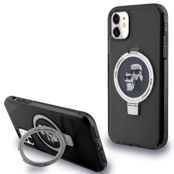 Karl Lagerfeld dėklas iPhone 11 / XR Ring Stand Karl & Choupette MagSafe, juodas