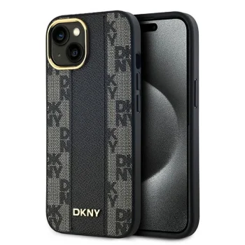 DKNY Leather Checkered Mono Pattern MagSafe dėklas iPhone 13/14/15, juodas