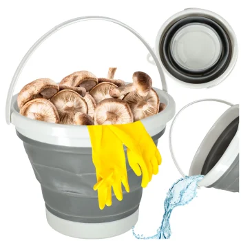 Collapsible silicone bucket with handle, 10L, for camping, mushrooms, fishing, grey