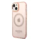 Guess GUHMP14MHTCMP Gold Outline Translucent MagSafe dėklas iPhone 14 Plus (Rausvas)