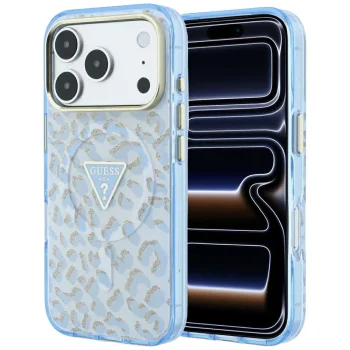 Guess IML Leopard Glitter Triangle Logo MagSafe dėklas iPhone 17 / 18 Pro Max, mėlynas