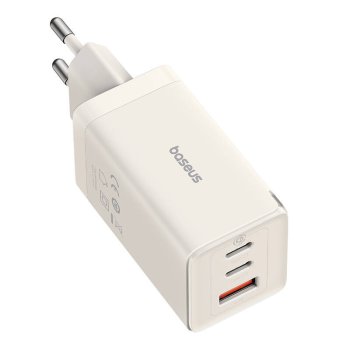 Sieninis įkroviklis Baseus GaN5, 2x USB-C ir USB, 65W su 1m laidu, baltas