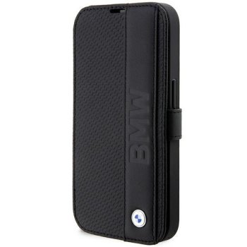 BMW Leather Textured & Stripe atverčiamas dėklas iPhone 14 Pro, juodas
