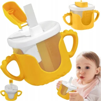 Vaikų gertuvė su rankenėlėmis ir šiaudeliu, 300 ml, geltona