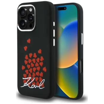 Karl Lagerfeld Silicone Heart Sign Logo MagSafe dėklas iPhone 16 Pro Max, juodas