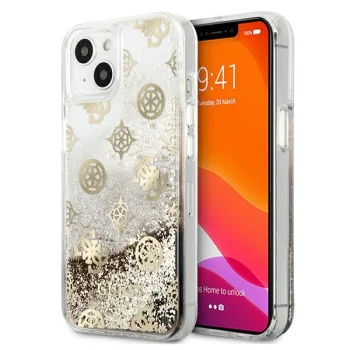 Guess iPhone 13 mini dėklas Peony Liquid Glitter, auksinis