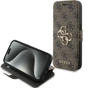 Guess atverčiamasis dėklas „iPhone 15 Pro“ telefonui (4G Big Metal Logo), rudas