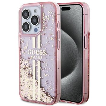 Guess dėklas iPhone 15 Pro telefonui Liquid Glitter Gold Stripes, rožinis