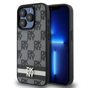 DKNY Leather Checkered Mono Pattern Case for iPhone 15 Pro Max, Black