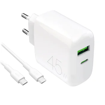 Puro Daily Prolite 45W USB-C ir USB-A įkroviklis su USB-C laidu, baltas