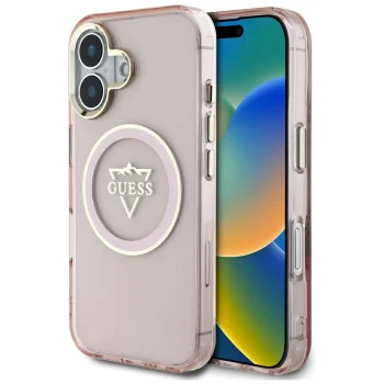 Guess IML Metal Mountain Logo MagSafe dėklas telefonui iPhone 16, rožinis