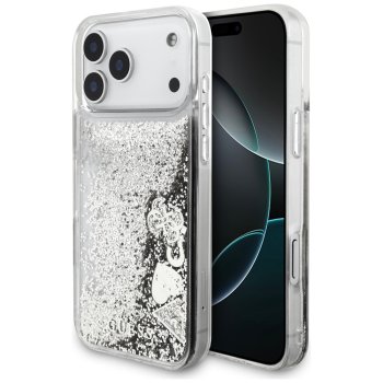 Guess Liquid Glitter Charms dėklas iPhone 17 Pro telefonui, sidabrinis