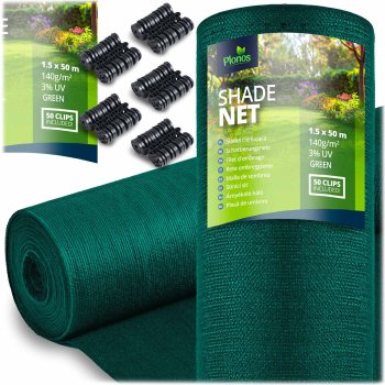 Žalias šešėliavimo tinklas Plonos 1.5x50m, 140g/m2 su 50 spaustukų