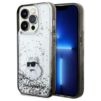 Karl Lagerfeld dėklas iPhone 14 Pro su judančiais blizgučiais, skaidrus