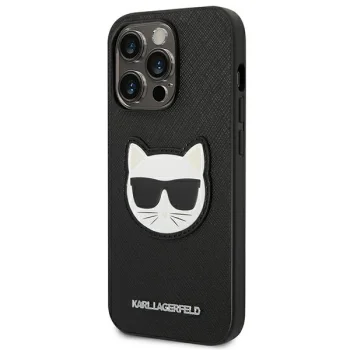 Karl Lagerfeld Saffiano Choupette Head Patch dėklas iPhone 14 Pro Max, juodas