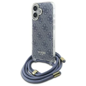 Guess dėklas iPhone 16 telefonui su virvele Crossbody Cord 4G Print, mėlynas