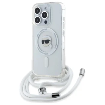 Karl Lagerfeld dėklas iPhone 16 Pro su Crossbody IML Karl Head MagSafe, skaidrus