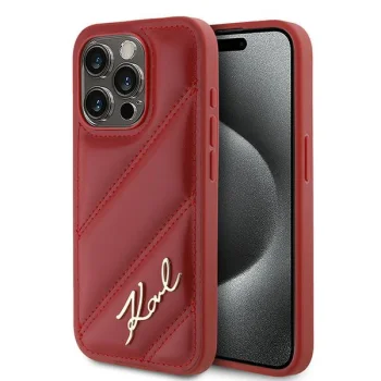 Karl Lagerfeld dėklas iPhone 15 Pro Max telefonui Diagonal Quilted Script, raudonas