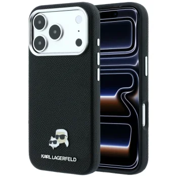 Karl Lagerfeld Grained Heads Metal MagSafe dėklas iPhone 17 Pro / 18 Pro, juodas