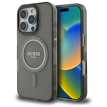 Guess iPhone 16 Pro dėklas IML Glitter Circle MagSafe, juodas
