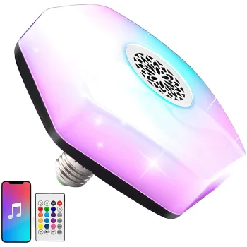 LED RGBW lemputė E27 su Bluetooth garsiakalbiu ir nuotolinio valdymo pulteliu