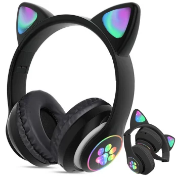 Belaidės „Bluetooth“ ausinės su kačių ausimis, LED RGB, FM radiju, „MicroSD“, juodos