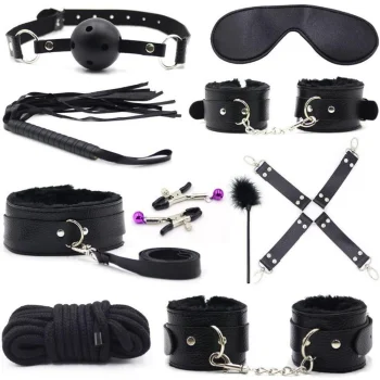 10 dalių BDSM suvaržymo rinkinys su pančiais ir rimbu