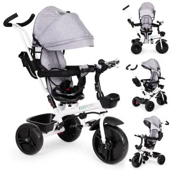 Triratukas Ecotoys JM-322 GREY su 360° sukamąja kėde, pilkas