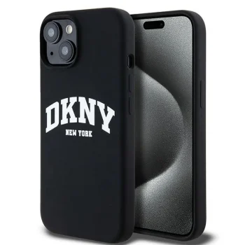 DKNY dėklas, skirtas iPhone 14, Liquid Silicone White Printed Logo MagSafe, juodas