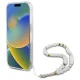 Guess dėklas iPhone 16 Plus telefonui IML Glitter su perlų dirželiu MagSafe, skaidrus