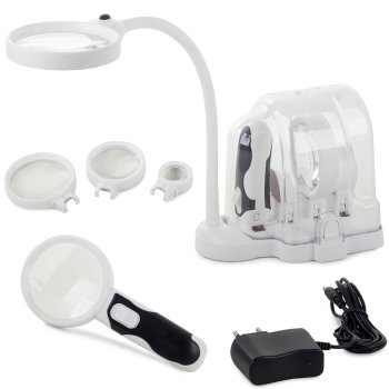 2-in-1 Desktop and Handheld Magnifier with LED Light and Interchangeable Lenses (2.5x, 5x, 16x)